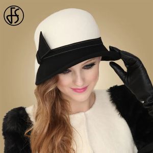 FS Wide Brim White Wool Hats Bow Bowler Fedora Hat For Women Chapeau Femme Feutre Winter Cloche Ladies Church Felt Fedoras Caps 240423