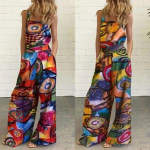 Jumpsuits Women Sling Playsuit Party Overalls Abstract Oil Painting Print Wide Leg Middle Waist Square Collar Romper Street Wear 240423