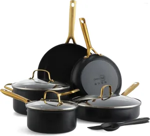 Köksredskap sätter deco hårt anodiserade friska keramiska nonstick 11 -bitar krukor och kokkärlsset stek kastrull sauter härdade glaslock