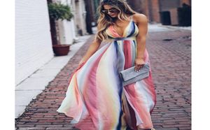 ボヘミアvネックスリップカラフルなバックレスクロス包帯ロングドレスショルダーストラップマキシドレス女性夏の衣服7185262