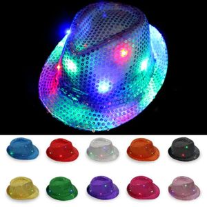 Lyser upp blinkande led jazz trilby paljetter kepsar fancy klänning dans fest kostym cowboy hattar unisex hip hop lamp lysande hatt