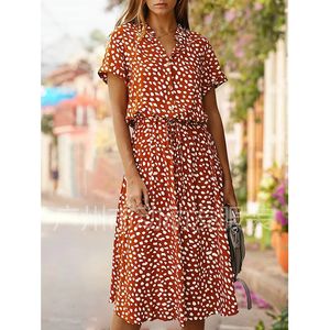 드레스 여름 폴카 도틀 라디 레오파드 프린트 셔츠 보헤미안 중간 길이의 높은 허리 비치웨어 휴가 240423