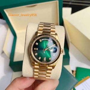 2024 Originalbox -Zertifikat Gold Präsident männliche Uhren Tag Datum Diamonds Green Dial Watch Männer Edelstahl Lünette Automatische Armbanduhr 41mm