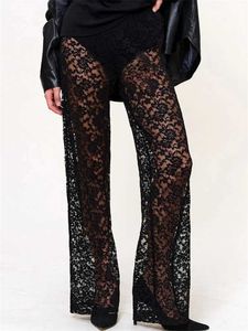 Women's Pants Capris Womens transparent lace pants high waist wide leg glitter clock bottom club beach sexy mens clothing Q240508