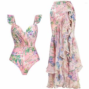 Women's Swimwear Retro Pink Gold Color Matching Printed One-piece Swimsuit Sexy Beach Fashion Strap Cover-up Blouse Pre-sale 2024