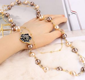 Fashion Brand Design Long Simulated Pearl Necklace For Women Camellia Double Layer pendant long necklace Party jewelry6334753