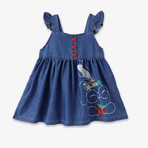 Mädchenkleider t Baby Girl cool Denim Bunny Print Rüschenhülsenknopf Dressl2405