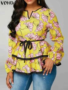 Vonda Bohemian Women Bluzka 2023 Modna marszczone koszule z długim rękawem Autumn Vintage kwiatowy nadruk Tunik Casual Blusas Femme 240426