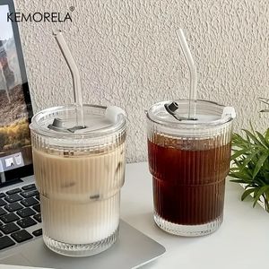 1PCS 400ml Stripe Glass Cup Transparent Glasses With Lid and Straw Ice Coffee Mug Tea Juice Milk Water Drinkware 240422