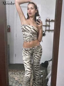 Calças de duas peças de duas peças Absobe Leopard Flare Tubo Tubo de colheita Tampa feminina Tampa sem alças Tampa baixa calça de queda Hottie y2k roupas casuais roupas de rua