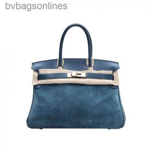 100％ハンドメイドオリジナル1：1 HREMMSバッグデザイナーハイバージョン女性ブランドバッグ新しいハンドバッグBirkkis30 Coral Blue Suede Frame Bag