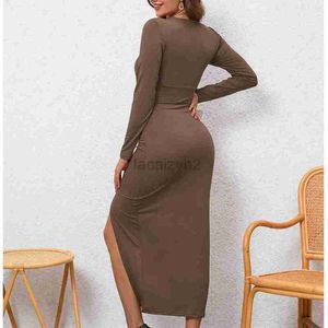 Casual Dresses Designer Dress 2024 Autumn/Winter New Long Dress Sexig inslagna höft Slim Fit Split V-ringning Långärmklänning Plus Size Size Dresses