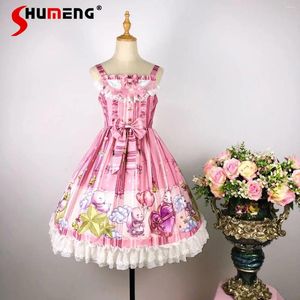 Casual Dresses Original Lolita Girl Jsk Sling Mid-length 2024 Spring And Summer Cute Sweet Printed Bow Midi Strap For Women