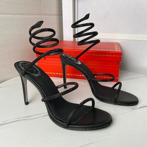Rhinestone Snake Strass Stiletto Sandaler Rene Caovilla Cleo 95mm Evening Shoes Women's High Heels Ankel Wraparound Luxury Designer Factory Sho med låda