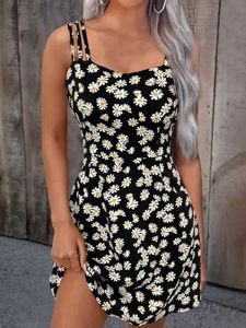 Basic Casual Dresses Two Piece Dress Womens Summer Mini Dress 2023 Retro Floral Daisy Print Bohemian Beach Dress Sexy Sleeveless Strap Loose DressL2405