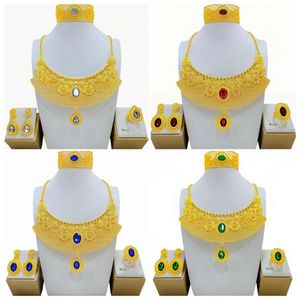 Dubai Gold Jewelry Women's Bride Wedding Necklace Bracelets Earrings Ring Set of Four