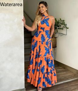 Casual Dresses Waterarea Women Leaf Printed Halter Collar Big Swing Ball Gown Maxi Dress 2024 Street Boho Chic Even Sexy Party Vestidos