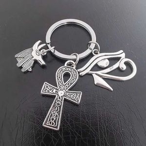Keychains Lanyards Egyptian keychain for alarm Ankh Ancient Egyptian Queen Anubis Horus Eye Anka Cross amulet for mens and womens accessories J240509