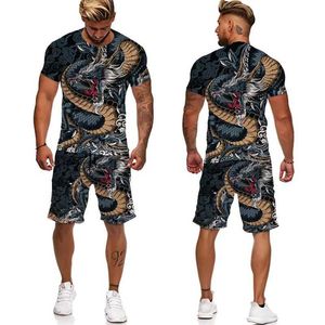 Men's Tracksuits Vintage Oriental Dragon God 3D Print Mens Tracksuit Ts/Shorts/Sets Samurai Tattoo Outfit Fashion Male Strtwear Clothing T240507