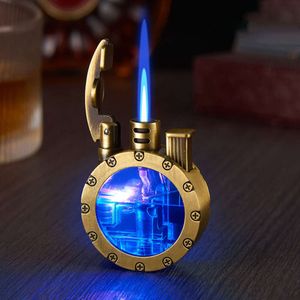 Retro Metal LED Light Visible Transparent Butane Gas Unfilled Window Blue Flame Windproof Lighter