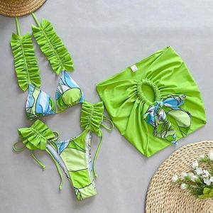 Costumi da bagno femminile set da bagno a tre pezzi Set da bagno femminile Halter con rotaca con slittati allacciati con gonna avvolta all'anca