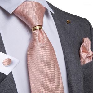 Mens Neckite Pink Solid Silk Wedding Tie For Men Fashion Bussiness Party Hanky Cufflinks Ring Tie Set DiBanGu Designer JZ02-71951 243R