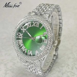 Другие часы Missfox Iced for Men Luxury Diamond Fashion Quartz Foristes Автоматическая дата зеленые водонепроницаемые часы бесплатная доставка Reloj T240508