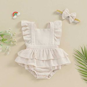 Rompers Newborn Baby Girl Summer Outfit Linen Ruffle Romper Dress 1Piece Bodysuit Jumpsuit Infant Summer Clothes H240508