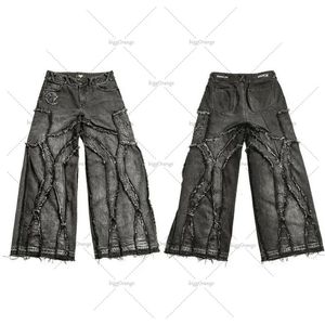 90s Street Trend Do Old Tattered Low Waist Jeans Men Y2K Fashion Washed Heavy Straight Wide Leg Pants Hip Hop Rap Style Pants 240507
