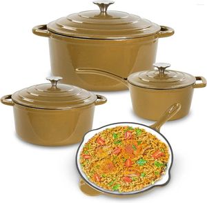 Cookware de utensílios de cozinha Conjunto de ferro fundido esmaltado 7 peças de frigideira com revestimento de cerâmica sem bastão e fogão de forno holandês