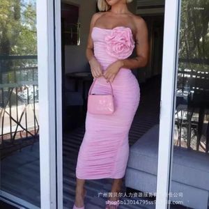 Casual Dresses 2024 Spring Summer Women's Clothing Solid Color tredimensionella Rose Tube Top Gathers Sexig Tight Long Dress