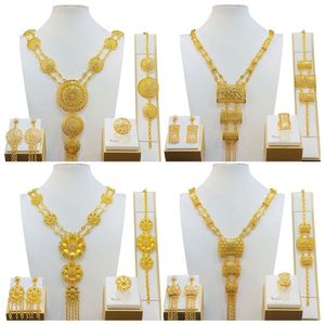 Extended alloy tassel necklace set with gold-plated bracelets, earrings, and jewelry sets