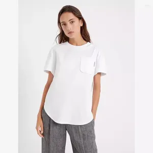 Kadın Tişörtleri Kadınlar 2024 İlkbahar ve Yaz Boncuklu Zincir Cep Yuvarlak Boyun Düz Renk Kısa kollu tişört