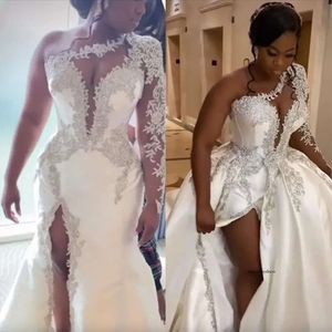 Gorgeous One Shoulder Satin Wedding Dress With Detachable Train Long Seeve Beaded Lace Appliques Side Split Sexy Bridal Gown African Bride Wear 0509