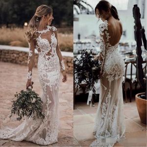 Sexy Illusion Bodice Mermaid Wedding Dresses Jewel Neck Lace Applique 2019 Backless Custom Made Sweep Train Long Sleeves Wedding Gown 243Z