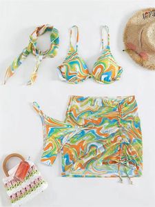 Women's Swimwear Printed With Hairband Skirt Underwired Bikini Female Swimsuit Women Four-pieces Set Bather Bathing Suit K4569