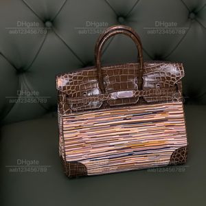 12a Top Mirror Quality Luxury Classic Designer Bag Woman Handbag All Handmade äkta läder lapptäcke Crocodile Brown 25cm Tote Clashing Colors Design Lines