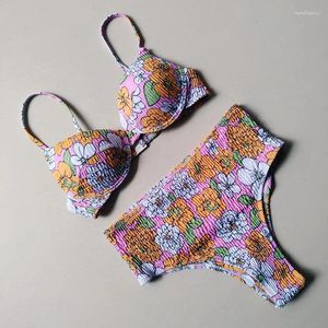Women's Swimwear Sexy Underwired Push Up Bikini Set Women Printed Triangle Brazilian Bikinis Ruched High Waist Bathing Suits Beach Wear