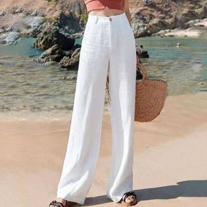 Women's Pants Capris Lucifer Summer Cotton Linen Pants Womens High Waist Zipper White Wide Leg Pants Womens Casual Loose Straight Trousers WomensL2405