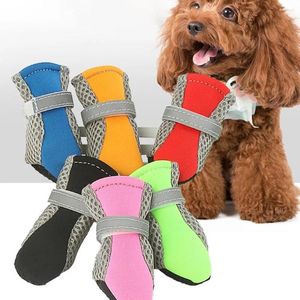 Hundkläder 4st skor anti-halk vår sommarstövlar skyddare reflekterande remmar chihuahua teddy andningsnät
