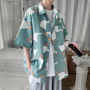 Mens Summer Thin Square Neck Half Sleeve Shirt Fashion Cartoon Big Goose Printed Tops Oversized Loose Fit Casual Shirts 240508