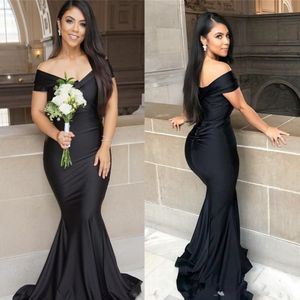 Black Mermaid Long Bridesmaid Dresses Plus Size Off The Shoulder Ruched Floor length Garden Maid of Honor Wedding Party Guest Gowns 291i