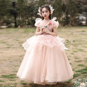 2024 Flower girl dress Printed Royal pink Dresses Ball Gown Tulle Tiers Pearls Beaded Luxurious Little Girl Christmas Peageant Birthday Christening Tutu sexy Gowns