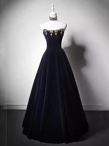 Dark Navy, Burgundy, Black Velvet Evening Dresses + Choker Prom Dresses Strapless Lace-up /Zipper Back Party Dresses