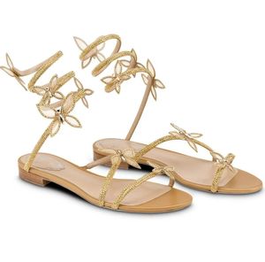 Renecaovilla Sandals Shoes Women Butterflower Crystal ملفوفة شقق سترايس سيدة الراحة المشي الحزب اللباس المصارع الصندل EU35-43