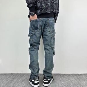 Herr jeans designer retro hip hop tecknad grafisk streetwear denim lös rak cyklist högkvalitativ mode långa långa män rippade jeans storlek 28-38