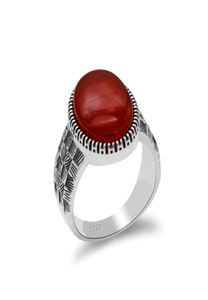 Turkiet smycken 925 Sterling Silver Big Natural Redblack Agate Stone Ring For Men Thai Silver Style Finger Ring Male Women7654783