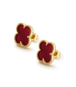 lucky Fashion Red 4 Leaf Clover Women Stainls Steel Stud Earrings Jewelry four leaf clover brand earring2426310