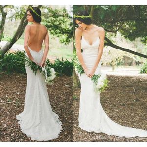 Simple Bohemian Lace Boho Casual Country Wedding Sexy Backless Fitted Gowns Garden Beach Bridal Dress Spaghetti 0510