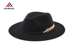 Qiuboss Trend Solid Color Men Men wool felt Panama Hat Fedora Caps Leather Band Metal Leave Pattern Black Jazz Trilby T2001186704467